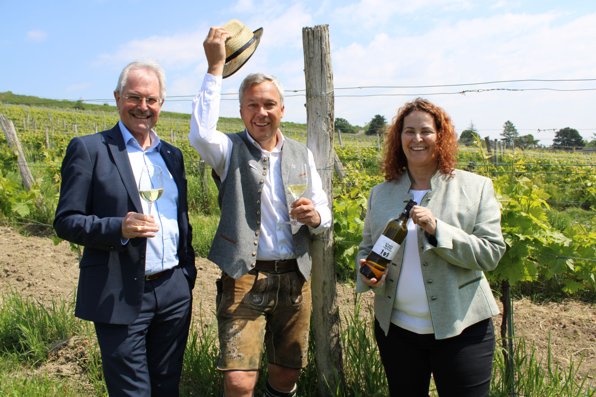 NÖ Landtagspräsident Karl Wilfing, Poysdorfer Winzerfestpräsident 2025 Fritz Strobl, Bürgermeisterin Gudrun Sperner-Habitzl I © LT-Direktion NÖ / Schultes